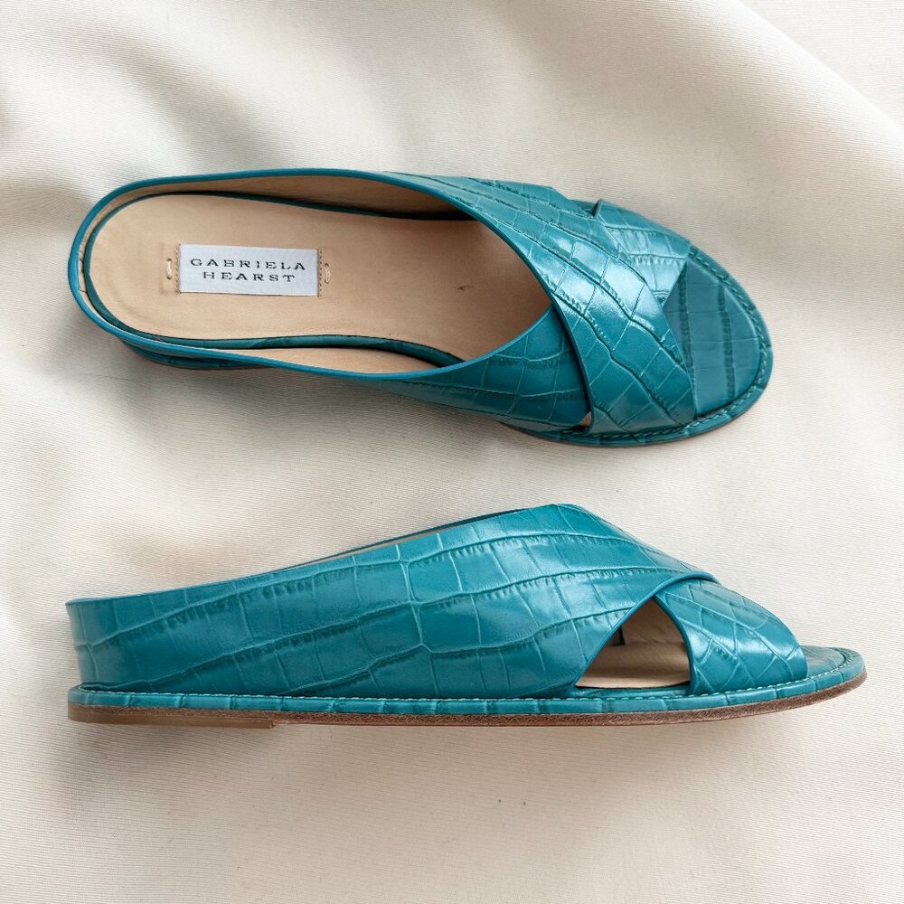 Gabriela Hearst Teal Croc-Embossed Sandals